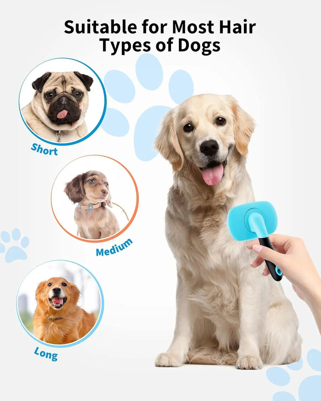 Blue large rectangular pet grooming brush with stainless steel bristles and rubber handle on white background