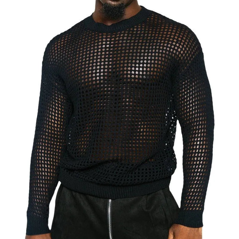 Black loose fit thin round neck acrylic pullover sweater on plain background
