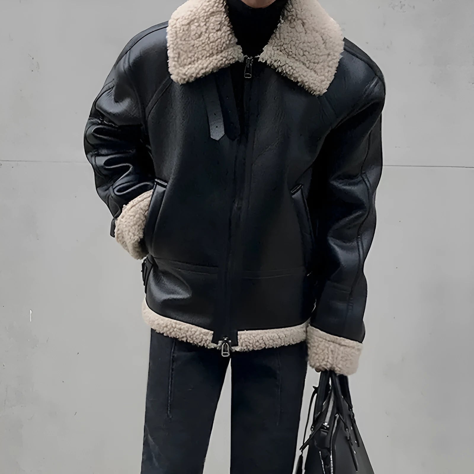 Men's black PU leather jacket with padded collar, front zip, and long sleeves on a model