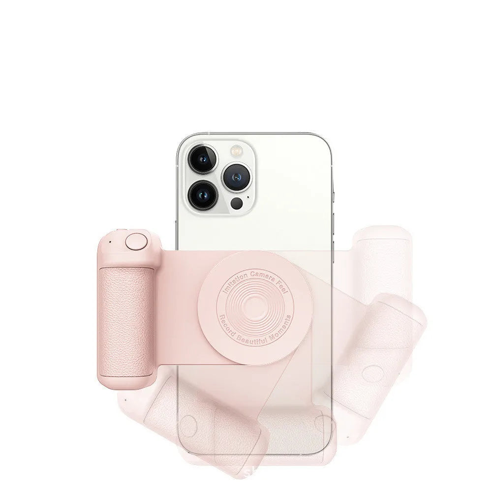 Black multifunctional phone camera holder with magnetic suction and rotatable stand on a table.