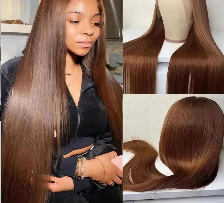 Front lace mid-length straight wig with side bangs in high-temperature fibre, shown in wine red colour.