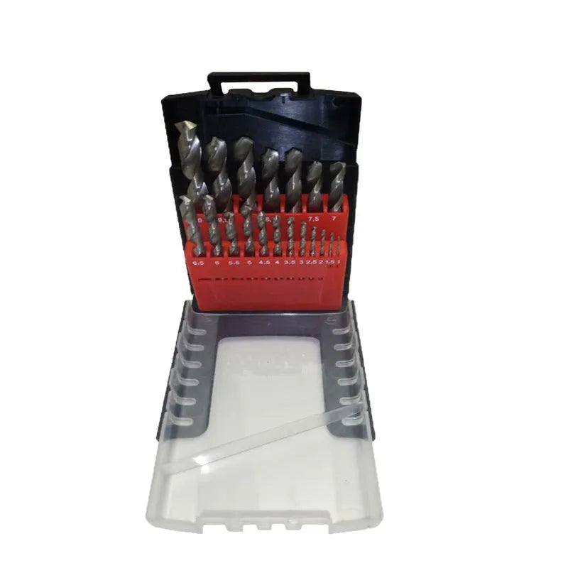 19 25-piece set of high-speed steel twist drill bits with round shank and 118-degree point for wood and metal drilling
