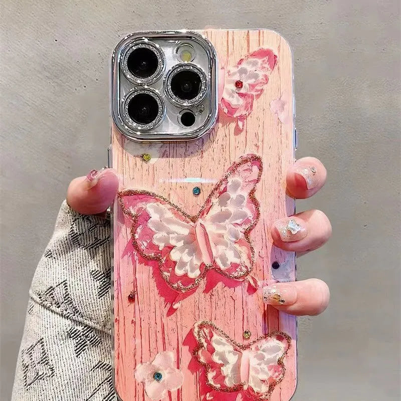 Pink plastic phone case with colour oil painting butterfly print for iPhone 11-15 series