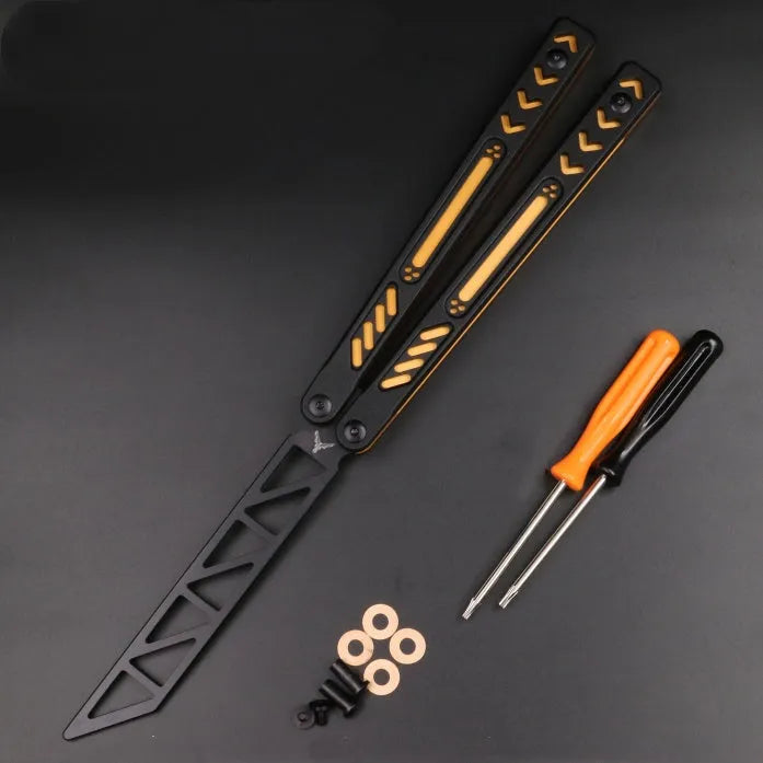 Unbladed aluminium butterfly knife trainer with G10 grip patches showing 25.5cm length and black finish
