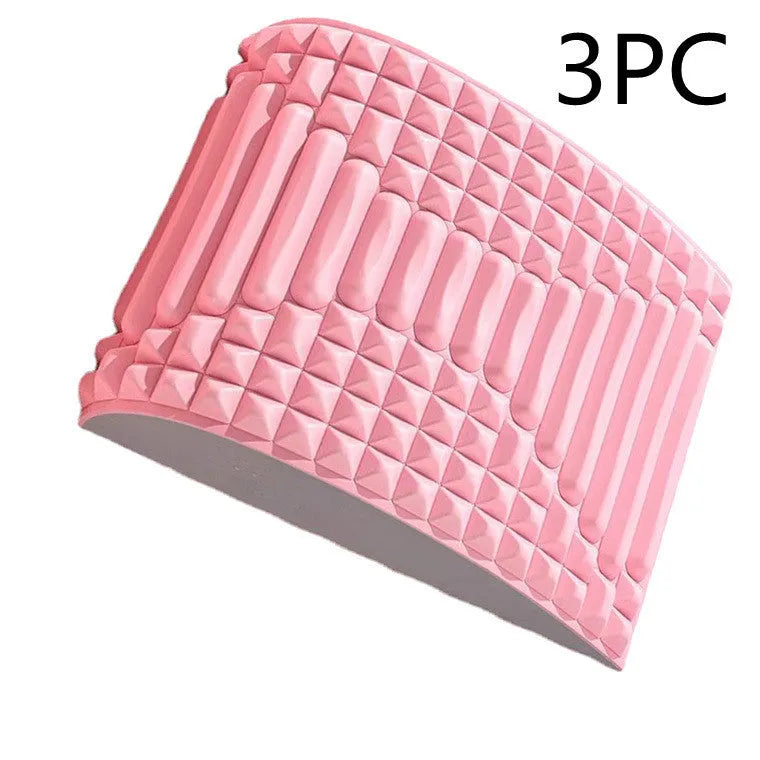 Blue back stretcher pillow for lumbar and neck support on a grey background.