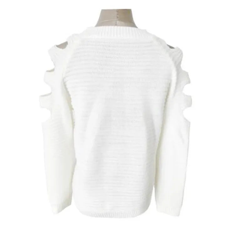 Women's grey hollow-out crochet long sleeve knit shirt on a hanger.