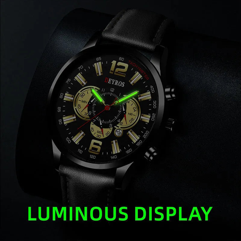 Fake three eye luminous sports watch for men, 9mm case, black or blue ribbon strap, six colour options