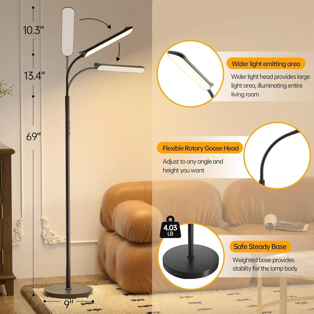 Simple modern LED floor lamp with remote control in white finish on wooden desk for reading