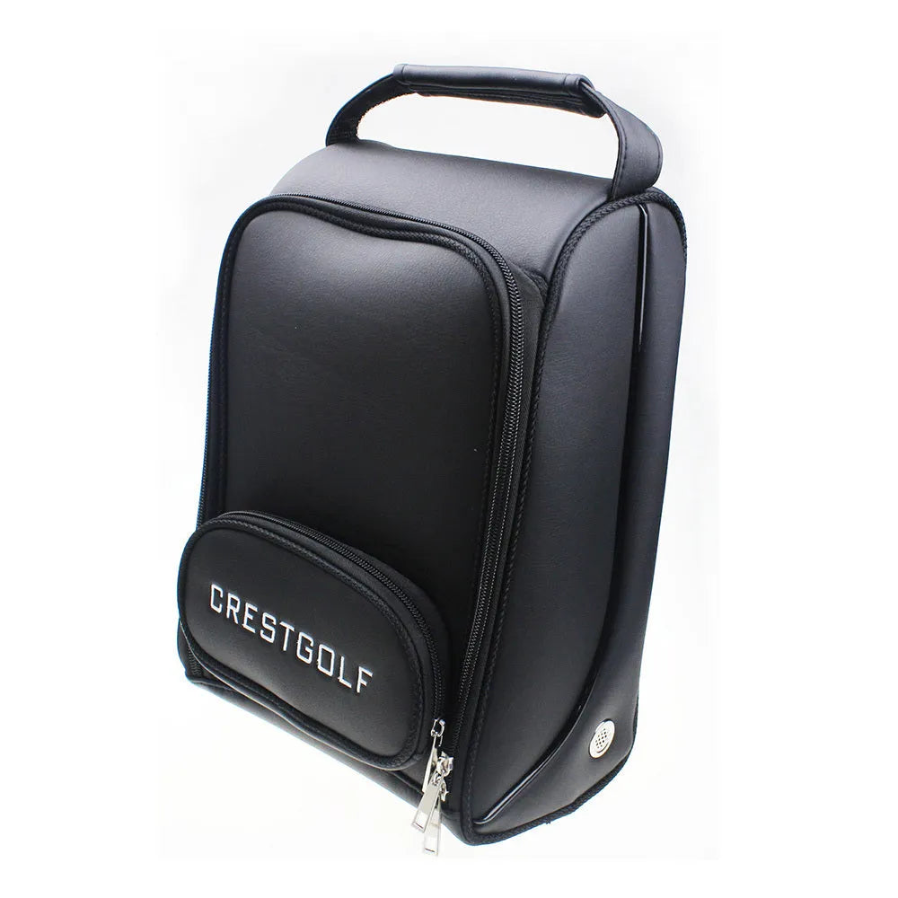 Black PU golf shoe bag with zippered closure for men's dust-proof storage and travel