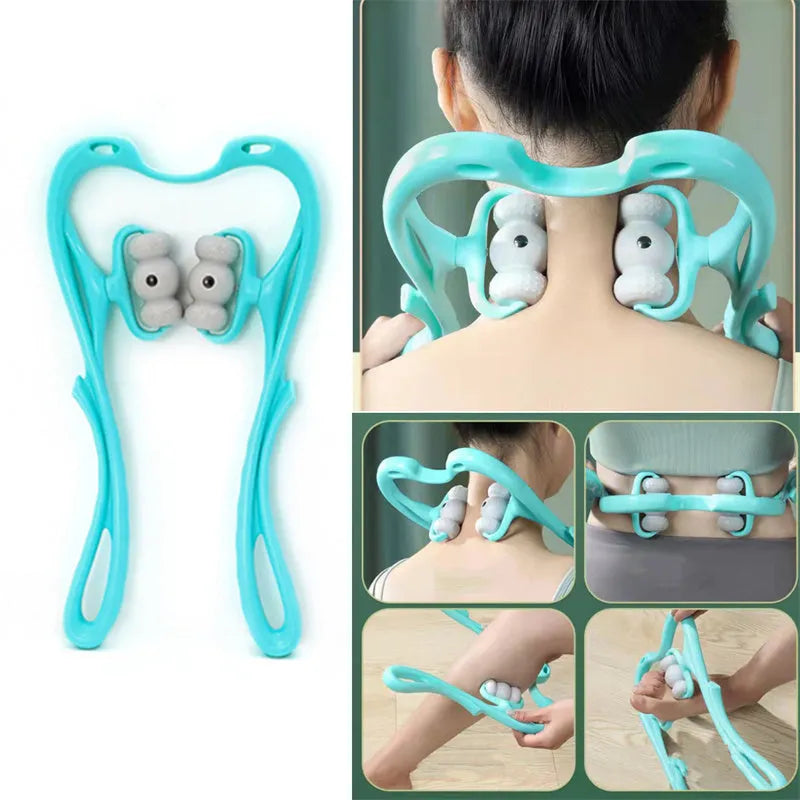 Blue handheld neck massager with rotating head showing pressure point nodes