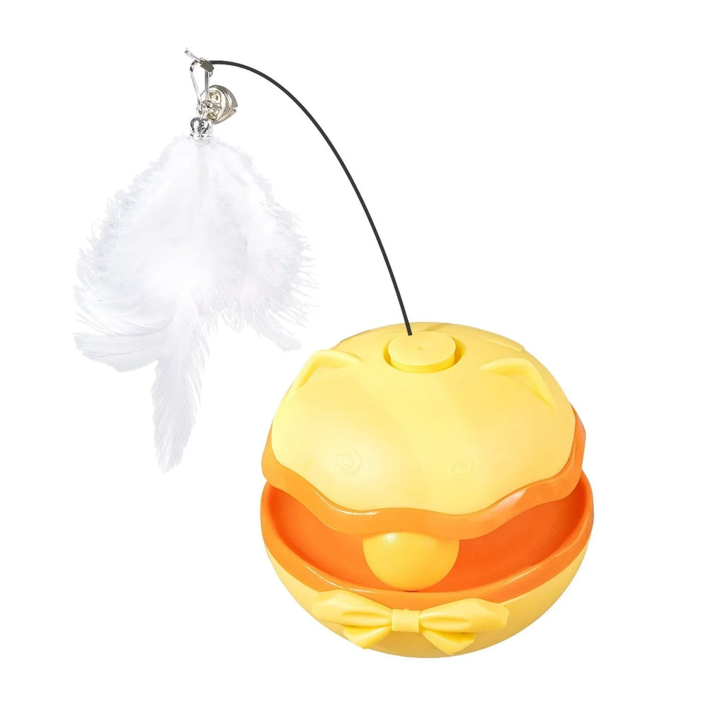 Lemon Yellow electric cat toy tumbler on a wooden floor, showing its compact circular design.