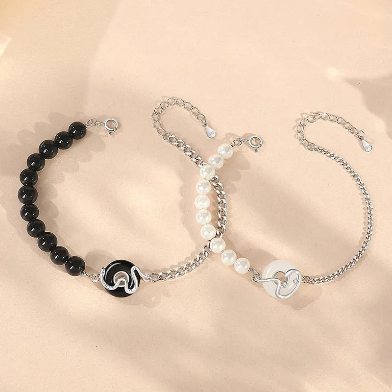 925 sterling silver snake zodiac bracelet with obsidian pearl and safe buckle in new Chinese style