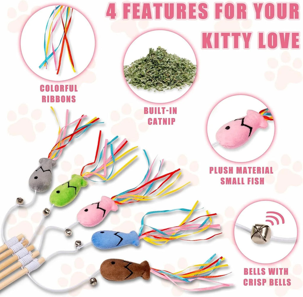 Wooden-handle cat wand toy with colourful ribbons, catnip fish, and bell for interactive indoor play