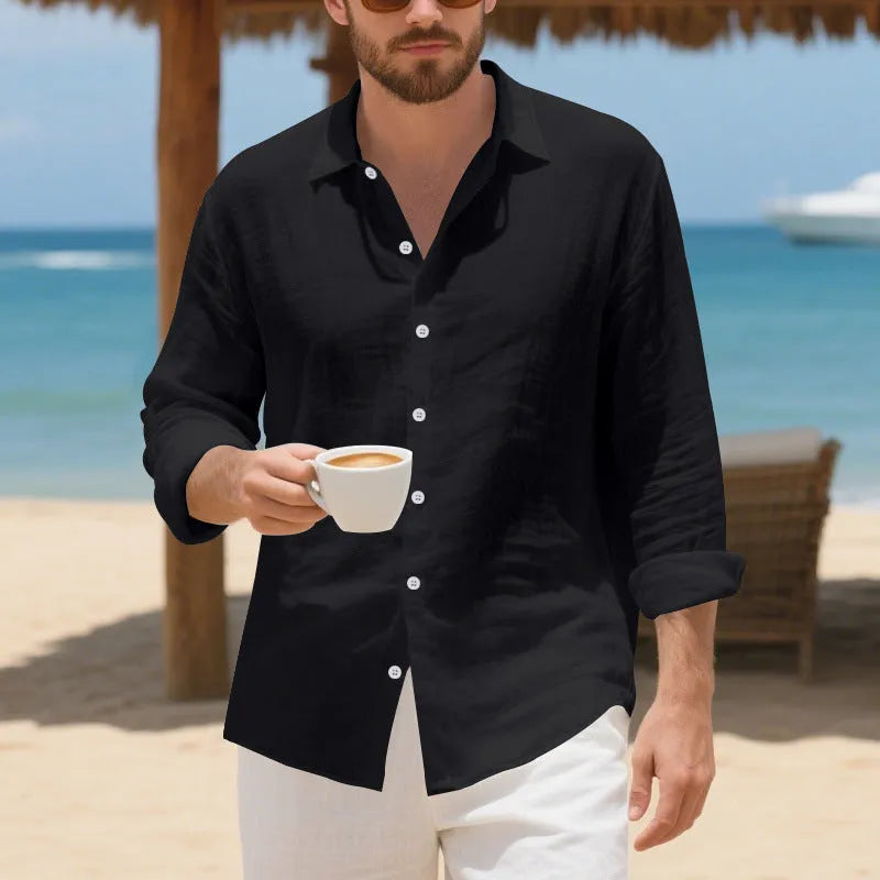 Loose fit linen casual shirt in Army Green colour, showing button placket and relaxed sleeve on a hanger.