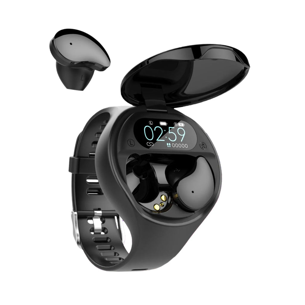 Black Bluetooth headset integrated with detachable smart bracelet showing colour screen display