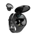 Black Bluetooth headset integrated with detachable smart bracelet showing colour screen display