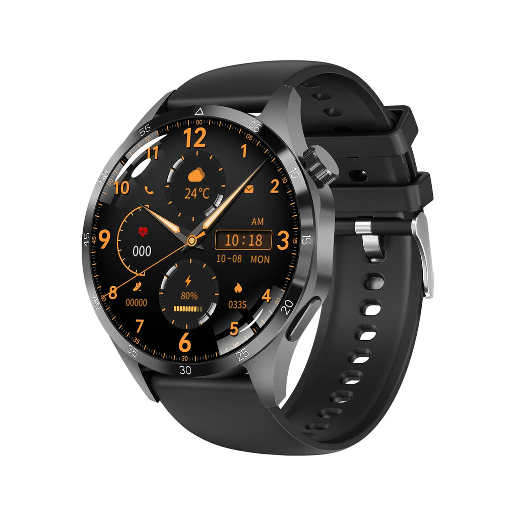 Black smartwatch with Bluetooth calling on a silicone strap, showing a TFT touch screen displaying health metrics.