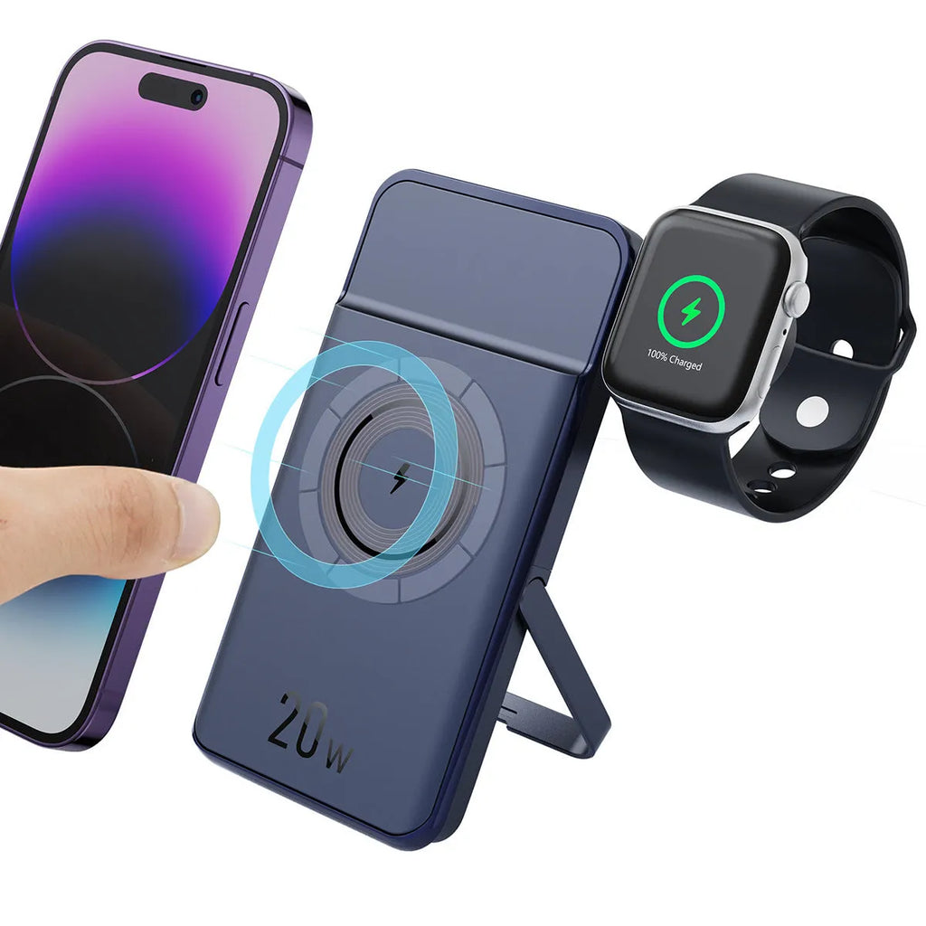 Black magnetic wireless power bank with 10000mAh capacity and three-in-one bracket