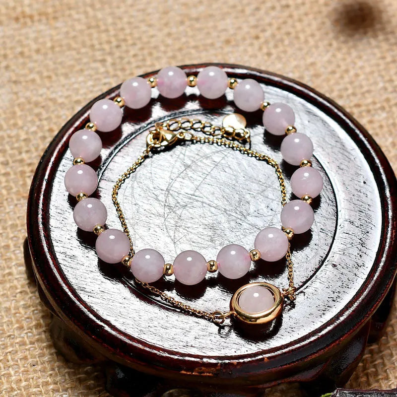 Women's double-layer bracelet with strawberry quartz crystals and lucky beads on gold electroplated copper