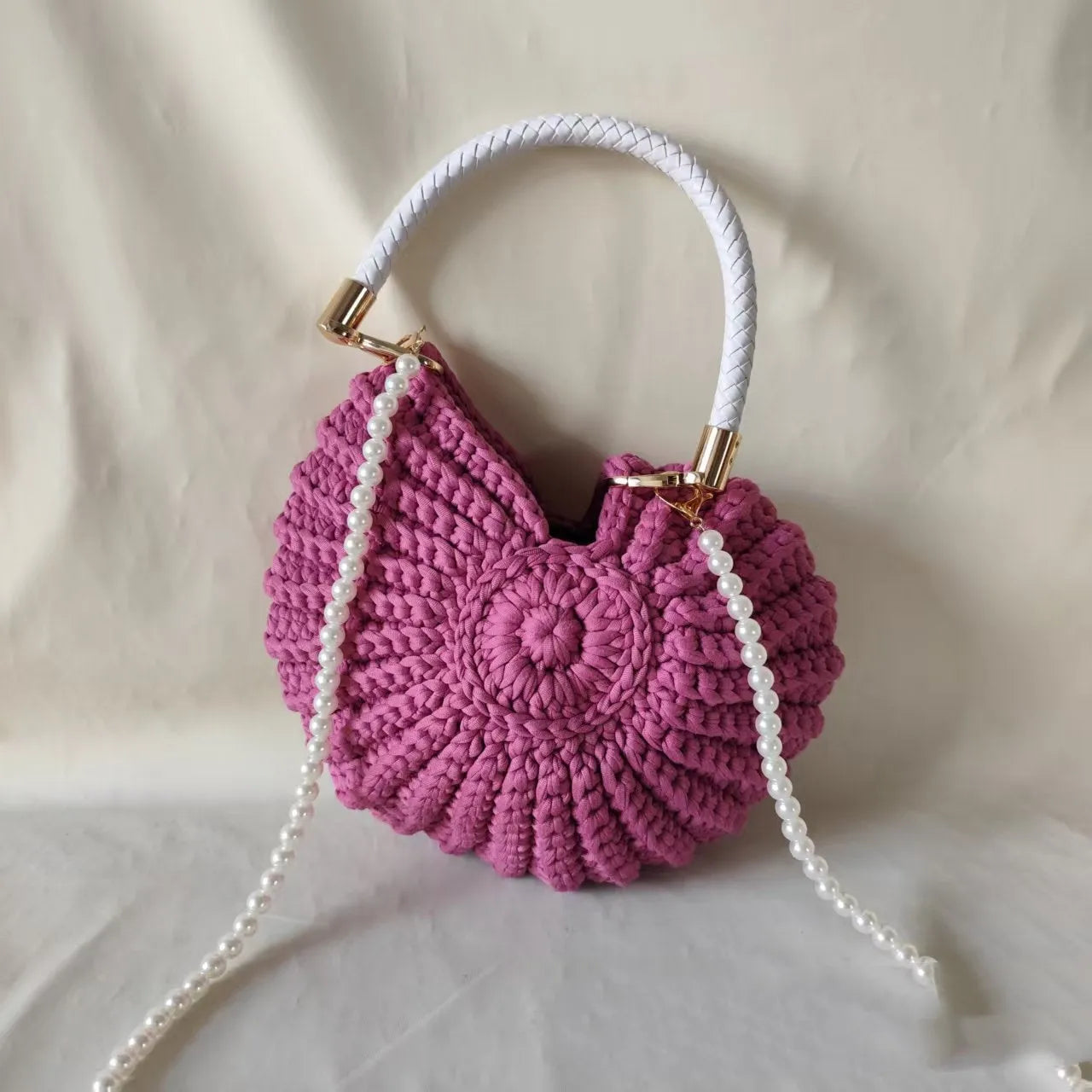 Round handmade woven crossbody bag with pearl chain strap, 25x25cm, polyester, multiple colour options