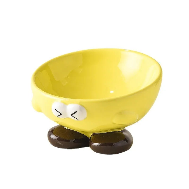 Ceramic pet bowl with oblique design and cute expressions for cervical spine protection