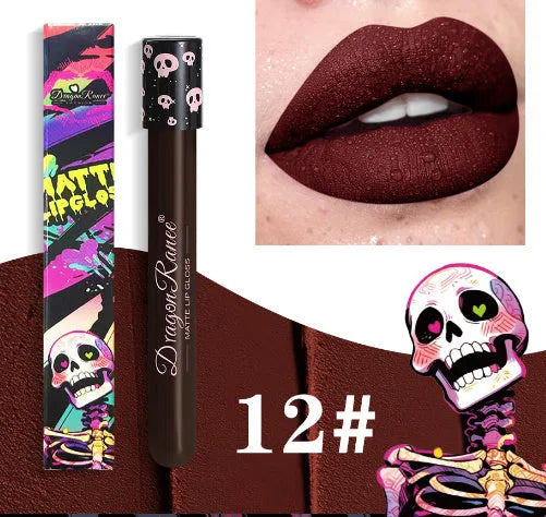 Halloween matte lip gloss in a test tube skull container showing gold and silver shades