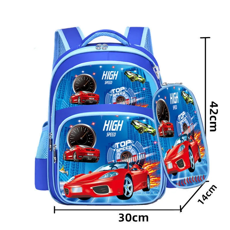 Cartoon print children's nylon backpack in blue colours with a pencil case.