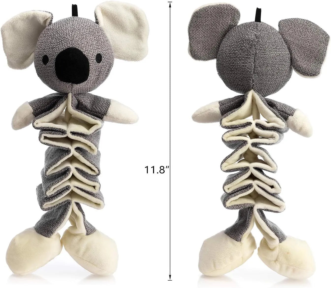 Grey koala squeaky dog toy with crinkle paper, measuring 30cm long.