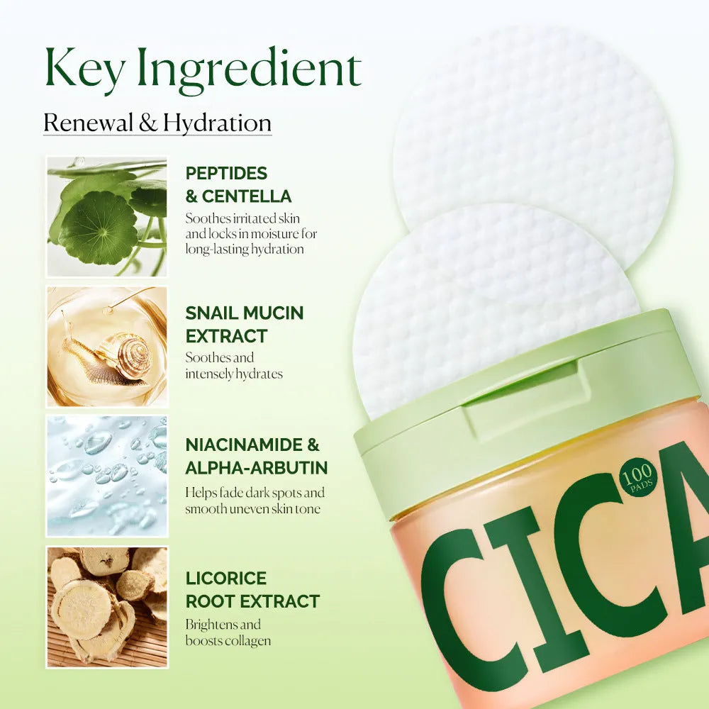 Centella Asiatica cleansing skincare cotton pads, borderless 100pcs pack for toner and facial cleansing