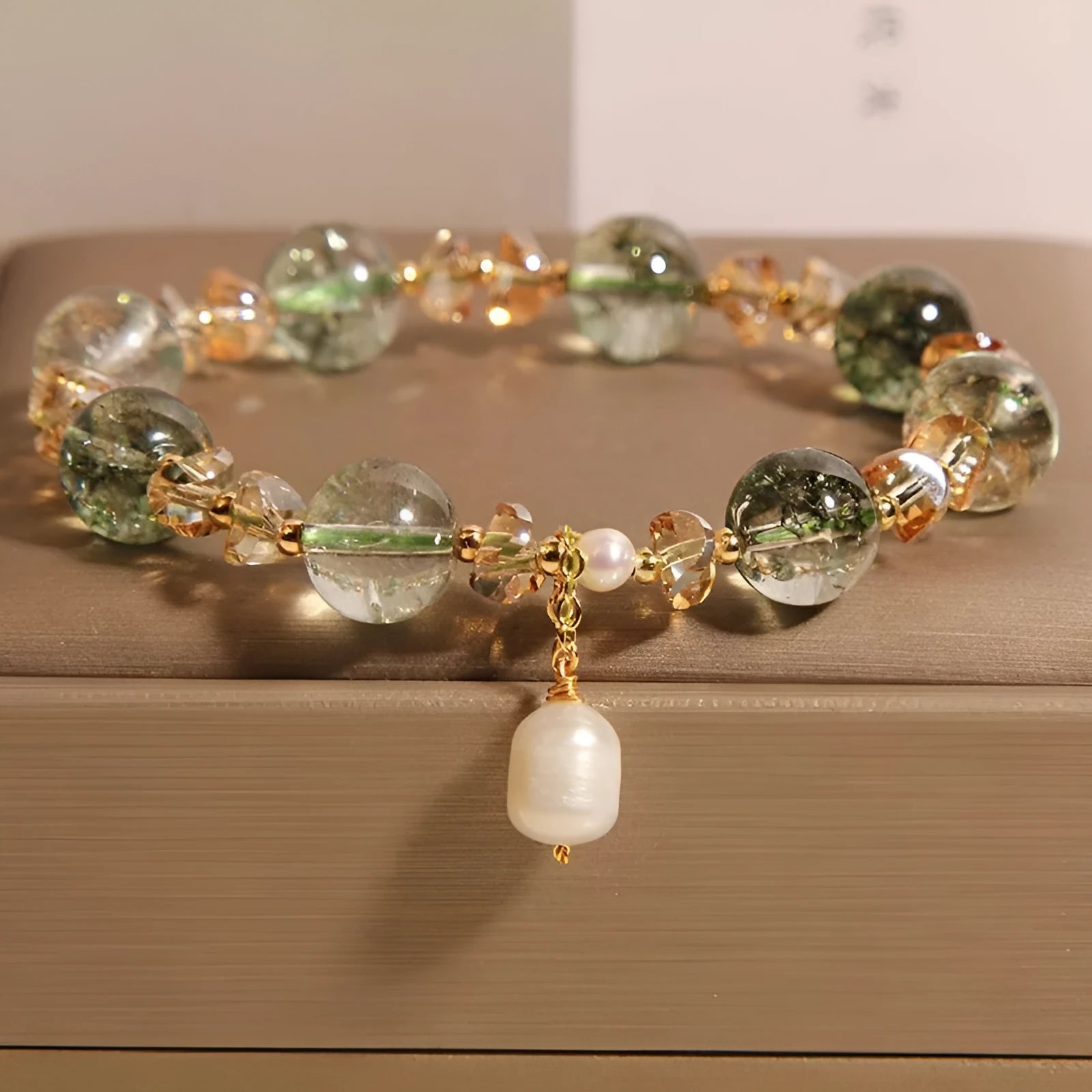 Green phantom quartz crystal bracelet with champagne small gravel crystals in Japanese Korean style