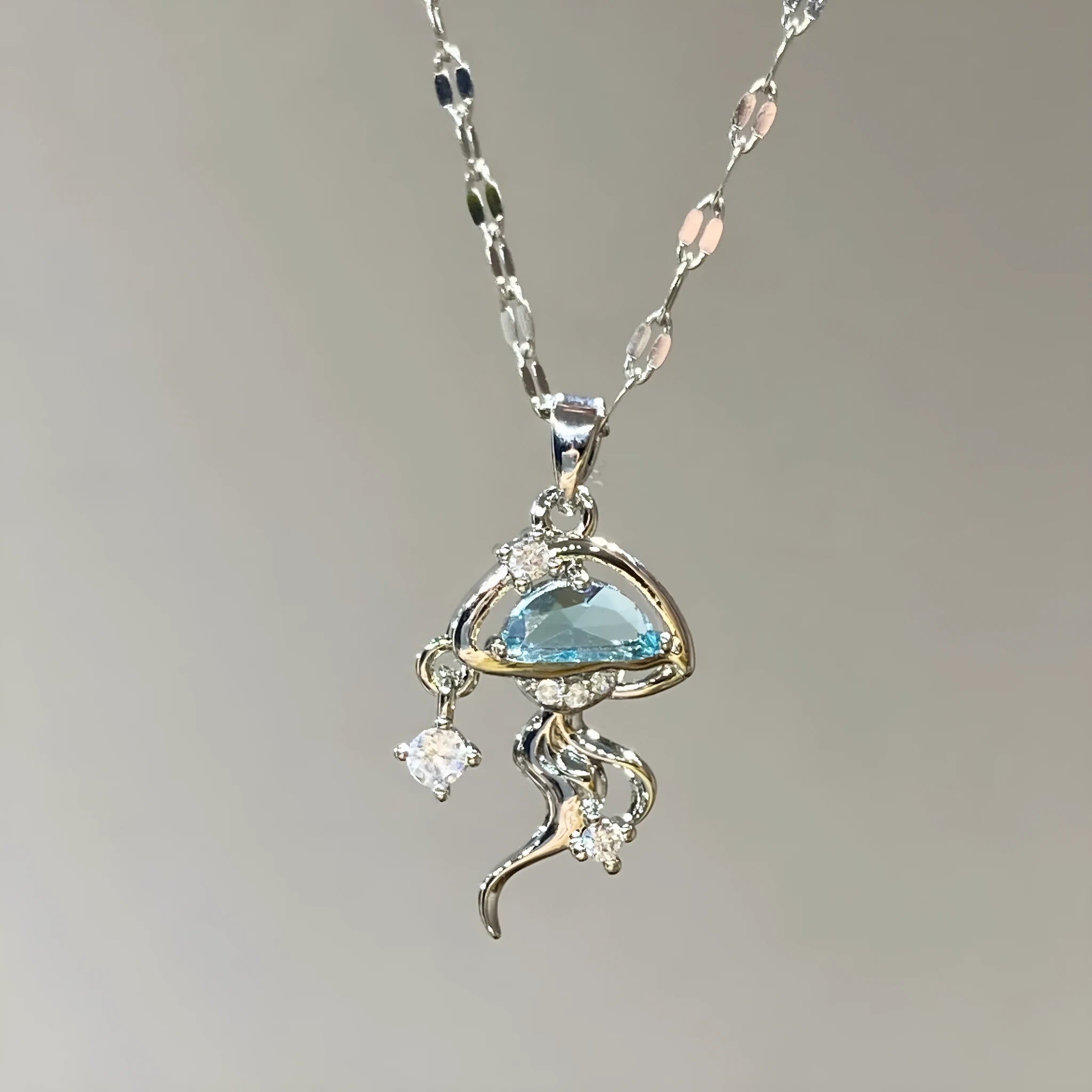 S925 sterling silver blue jellyfish necklace on adjustable chain with white gold colour finish