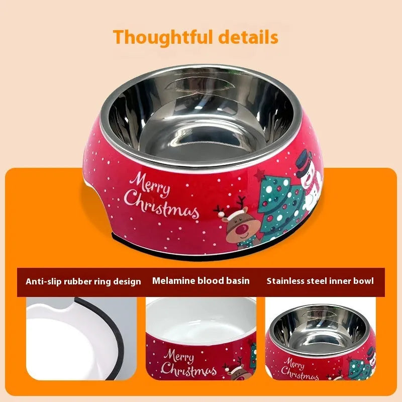Red Christmas-themed stainless steel double-layer pet bowl for dogs and cats