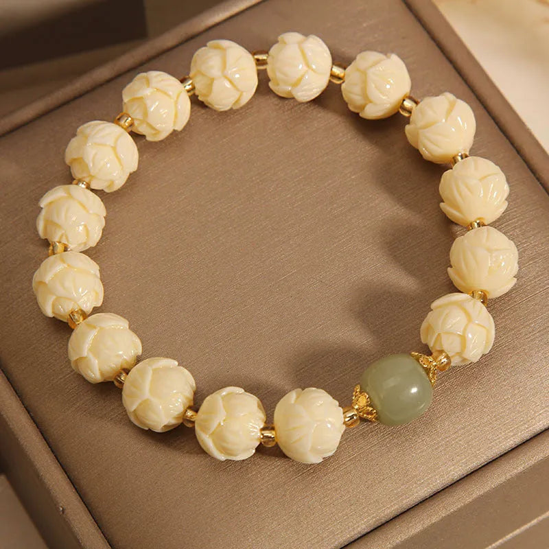 Buxus microphylla lotus beads bracelet Hetian jade women's simple floral jewellery