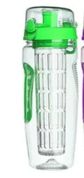 32oz Tritan plastic fruit infuser water bottle with removable infuser cup, shown in one of seven style options.