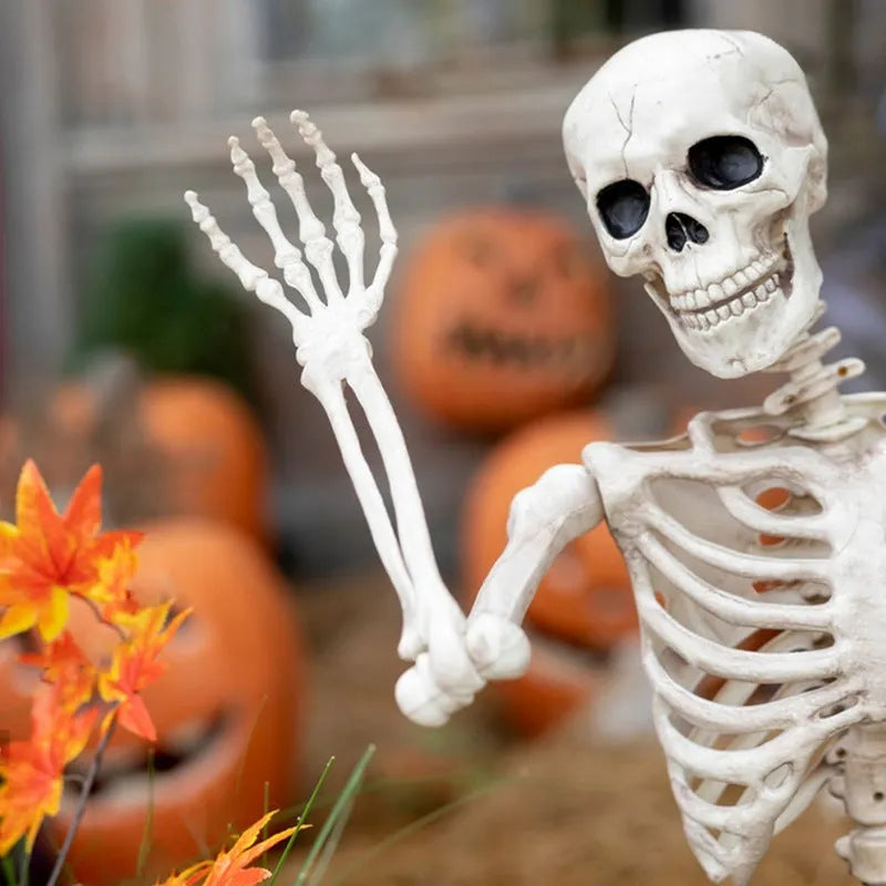 90cm tall poseable plastic Halloween skeleton model with movable arms and legs for decoration.
