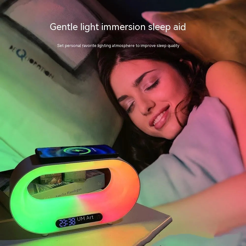 White smart desk lamp with wireless charging pad, LED lighting and alarm clock display