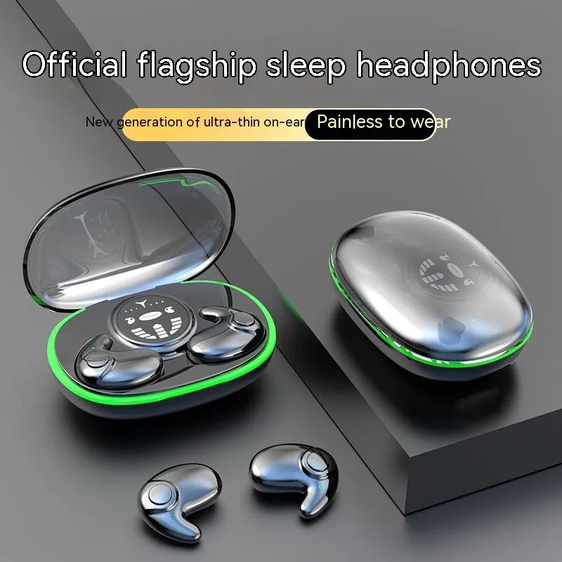 Ultra-thin sleep invisible Bluetooth earphone in black colour with charging compartment