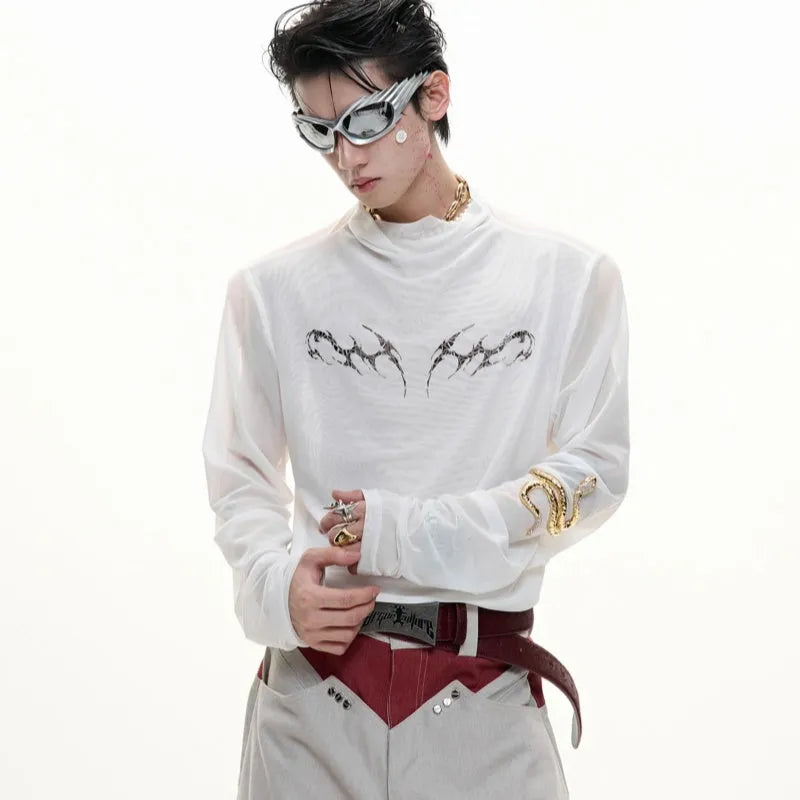 Niche mesh slim long sleeve bottoming shirt in black or white on a size chart