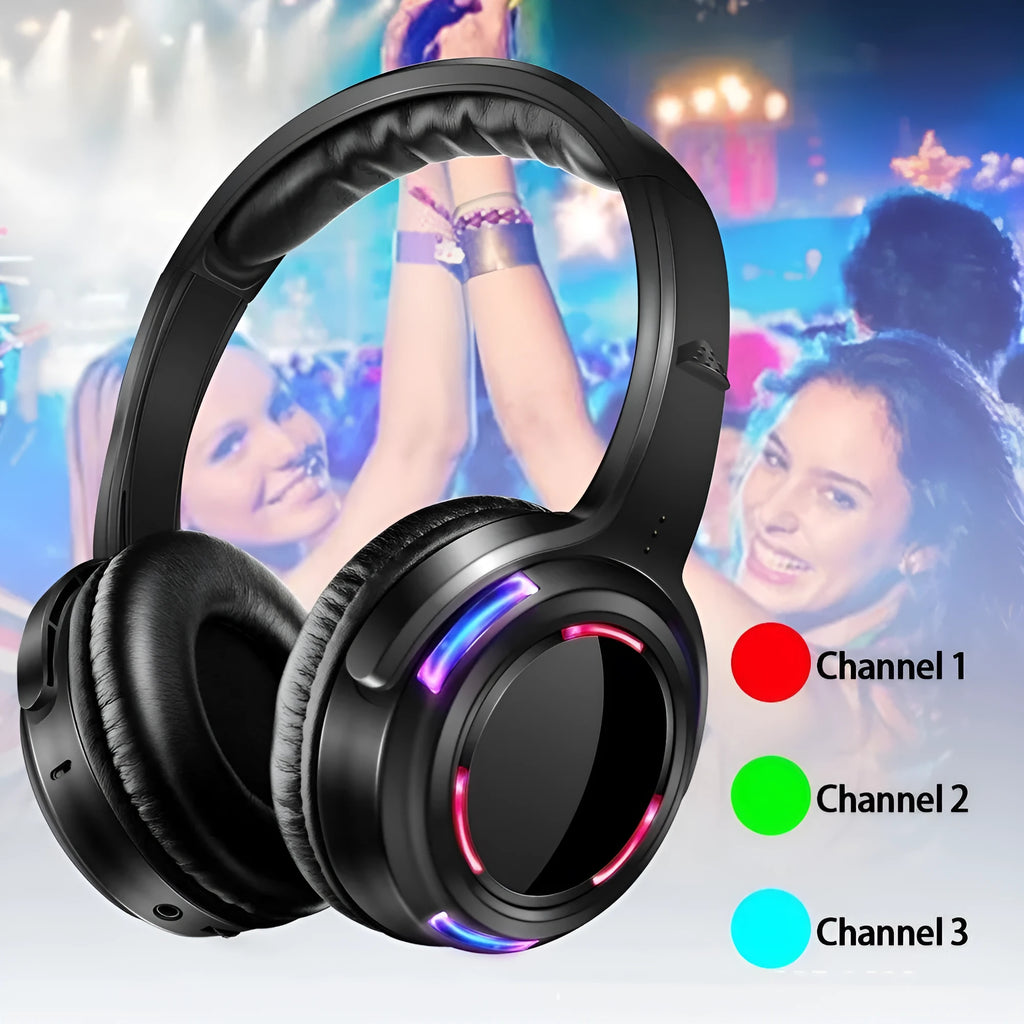 Black silent disco wireless headphones with a 3.5mm plug and long cable.