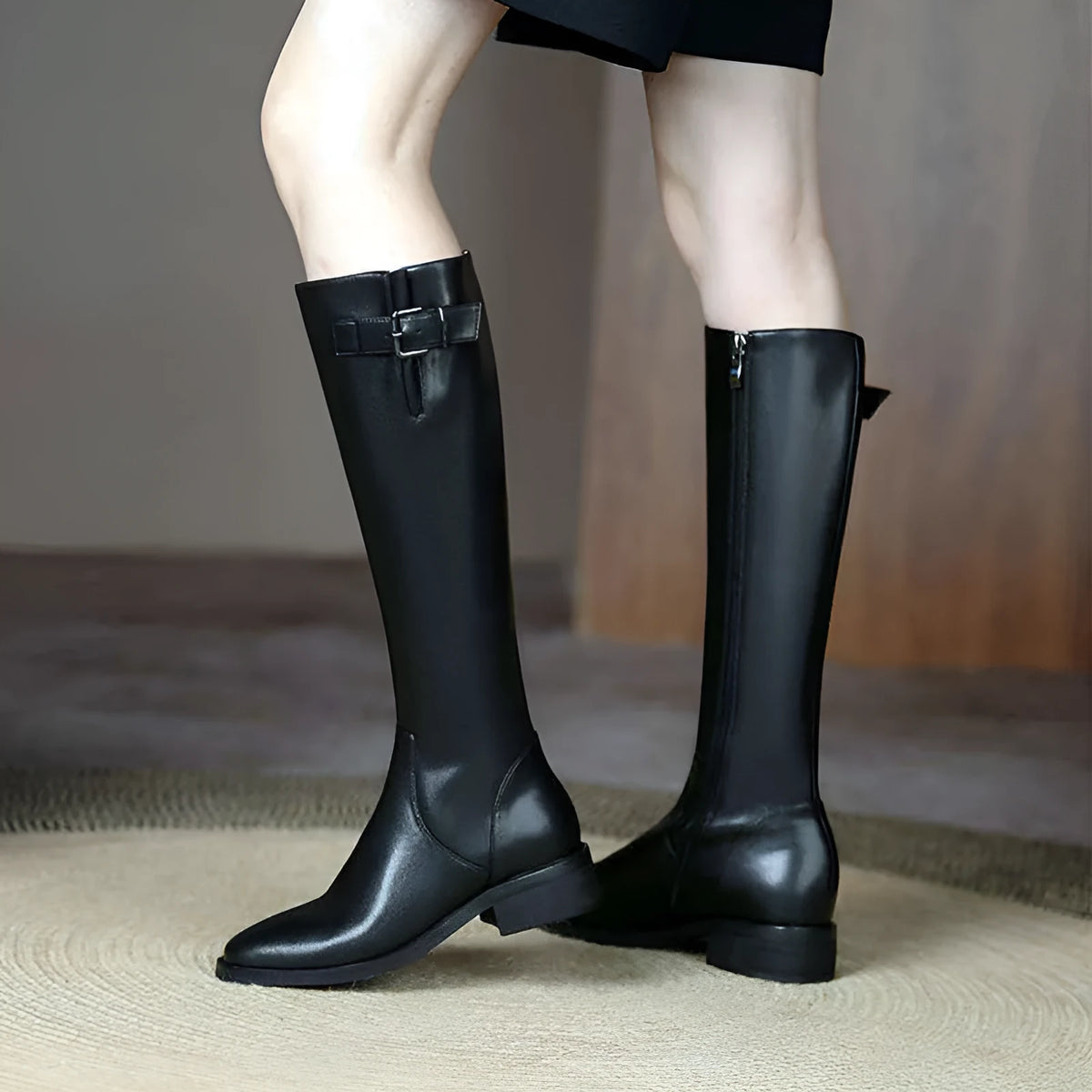 Black or brown knee high boots with low chunky heel and round toe, microfiber upper, sizes 35-40.