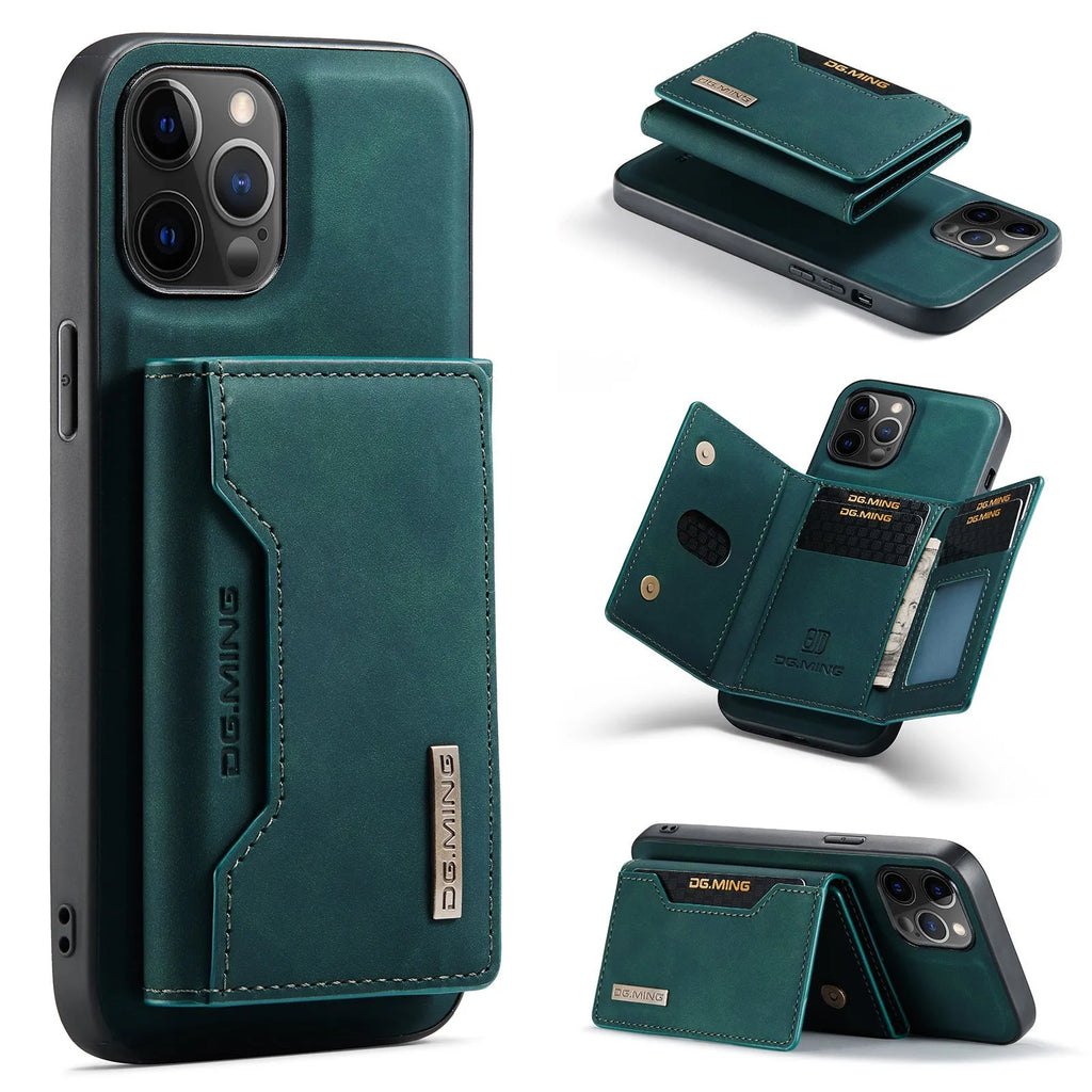 Magnetic multi function card holder phone case for iPhone in black, PU wallet style with split card slot