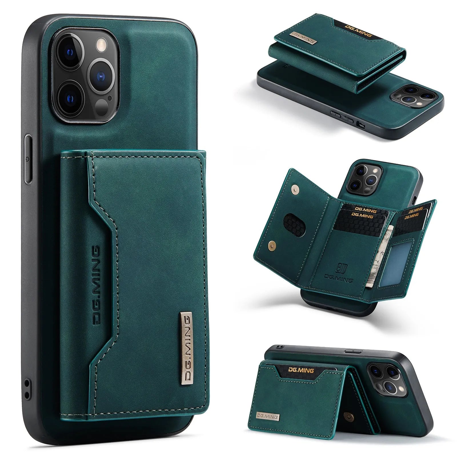 Magnetic multi function card holder phone case for iPhone in black, PU wallet style with split card slot