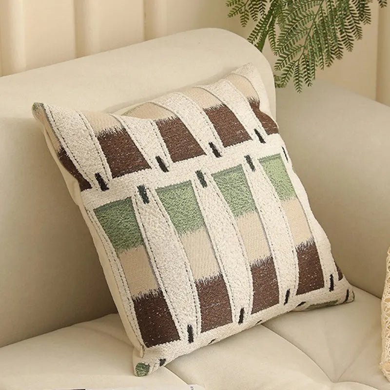Close-up of a textured jacquard floral pillow cover in a 45cm square size, showcasing yarn-dyed pattern details.
