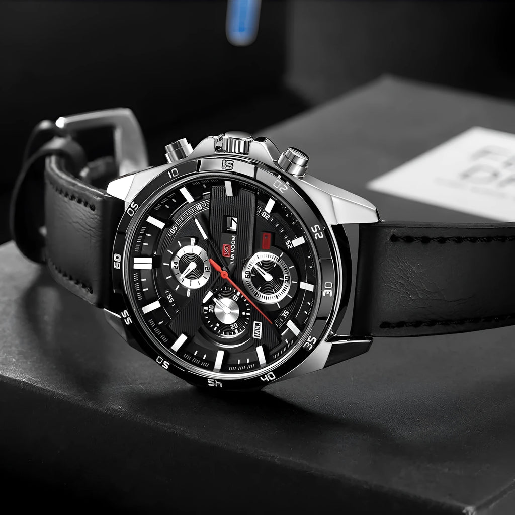 Men's slim casual watch with leather strap, showing rose gold case and white dial face option.