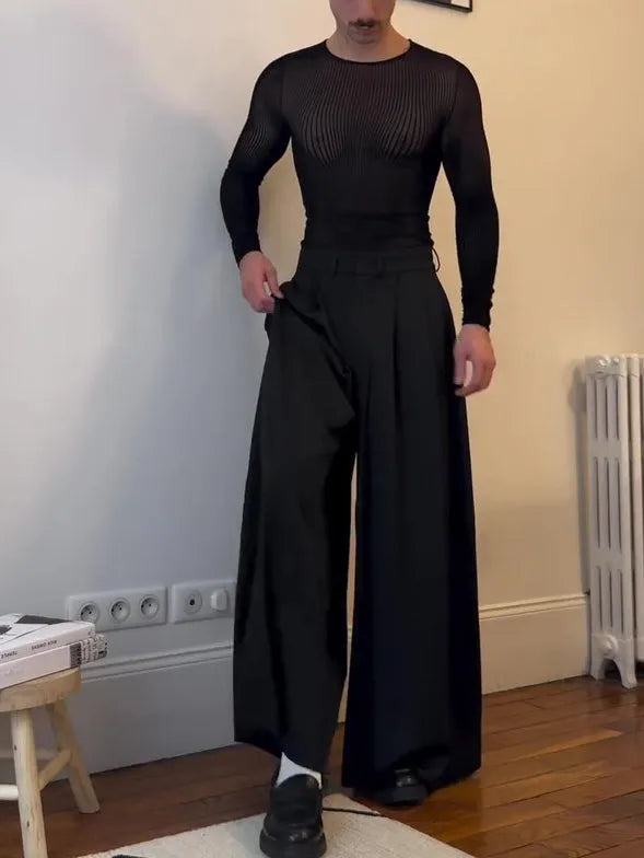 Black mesh long-sleeve top with sheer striped design, regular fit, polyester fabric