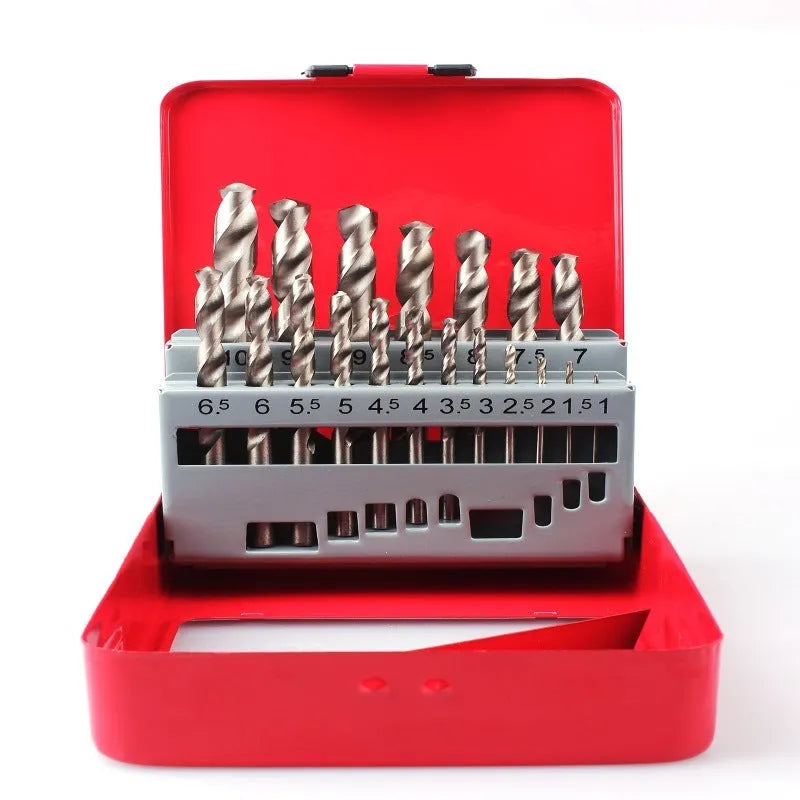19 25-piece set of high-speed steel twist drill bits with round shank and 118-degree point for wood and metal drilling
