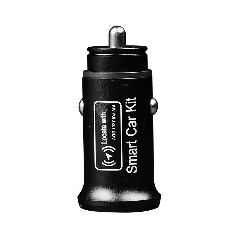 Black plug-in GPS car tracker with magnetic base, shown inserted into a vehicle's 12V lighter socket.