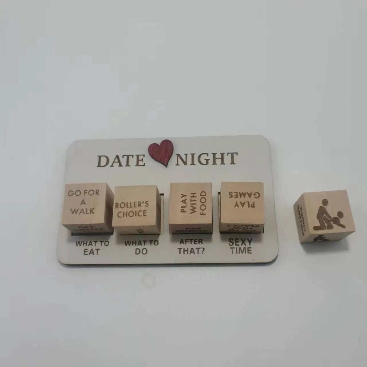 Wooden date night dice set showing five dice, date planner board, and black storage bag for couple's activities