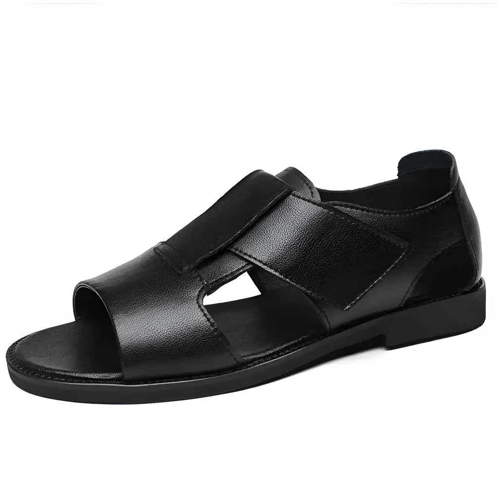 Men's black and brown casual sandals with open-toe design and rubber sole