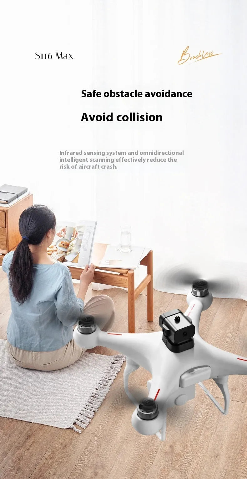 Black S116 brushless toy drone with four propellers, obstacle avoidance sensors, and a front-facing HD camera.